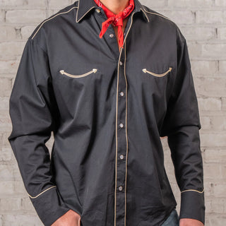 Men's Solid Black Smile Pocket Shirt with Tan Trim