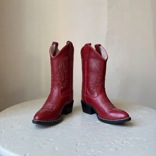 Red Kids Leather J Toe Cowboy Boots